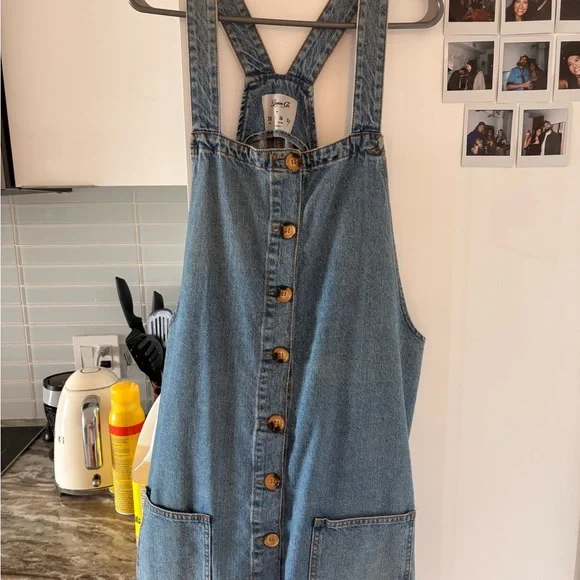 Denim Button-Front Pinafore Dress - Blue - Picture 3 of 4
